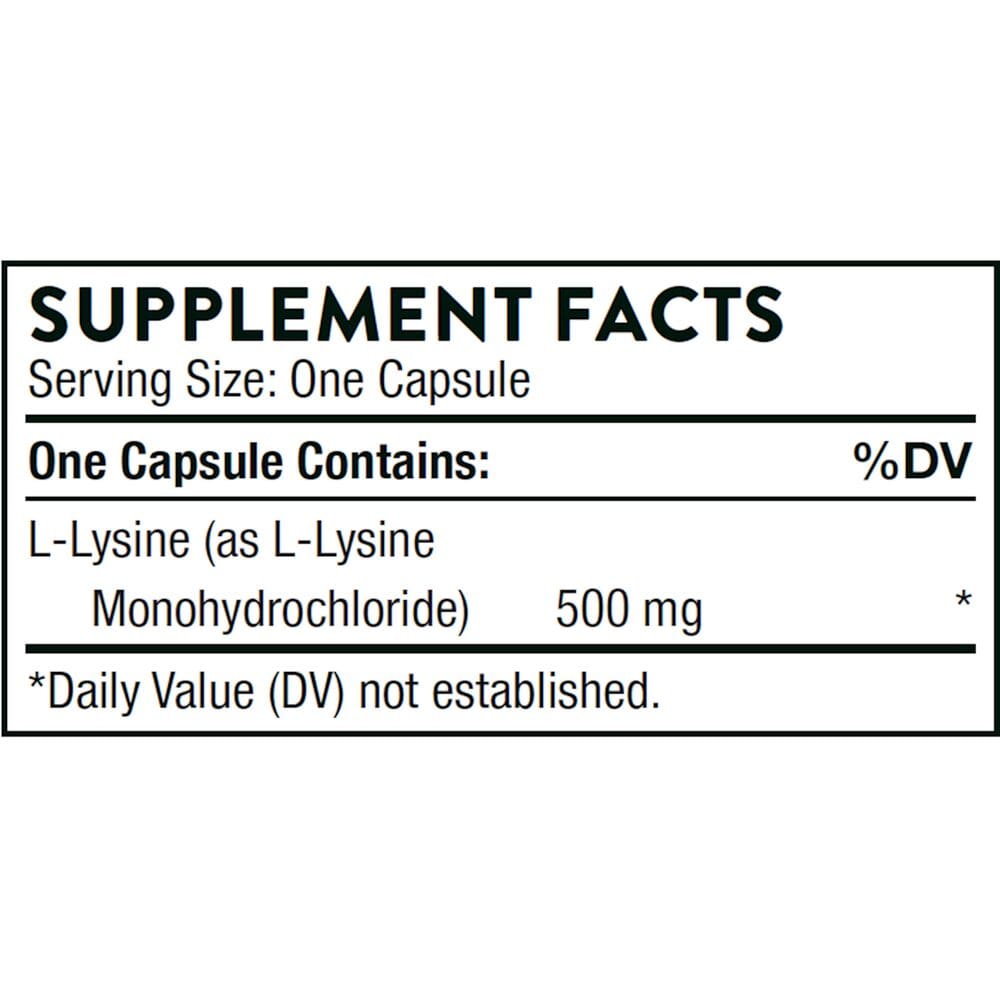 Here's an alt tag for the image: 500mg L-Lysine supplement facts.