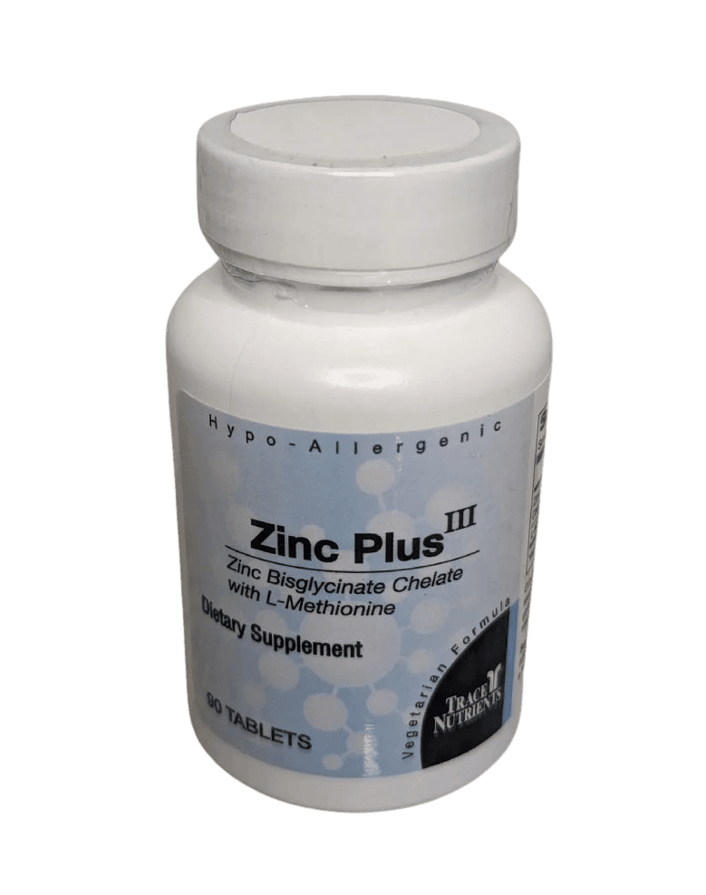 Zinc Plus III supplement bottle, 90 tablets.