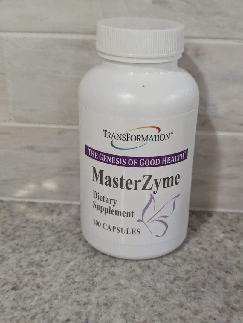 Here's an alt tag for the image: MasterZyme dietary supplement, 100 capsules.