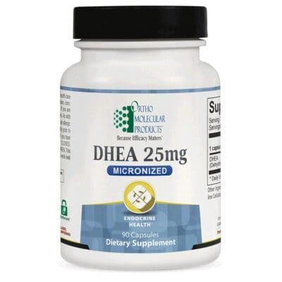 Here's an alt tag for the image: DHEA 25mg Micronized supplement, 90 capsules.