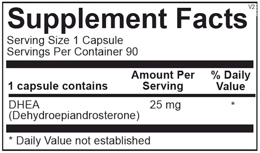 DHEA supplement facts: 25mg per capsule.