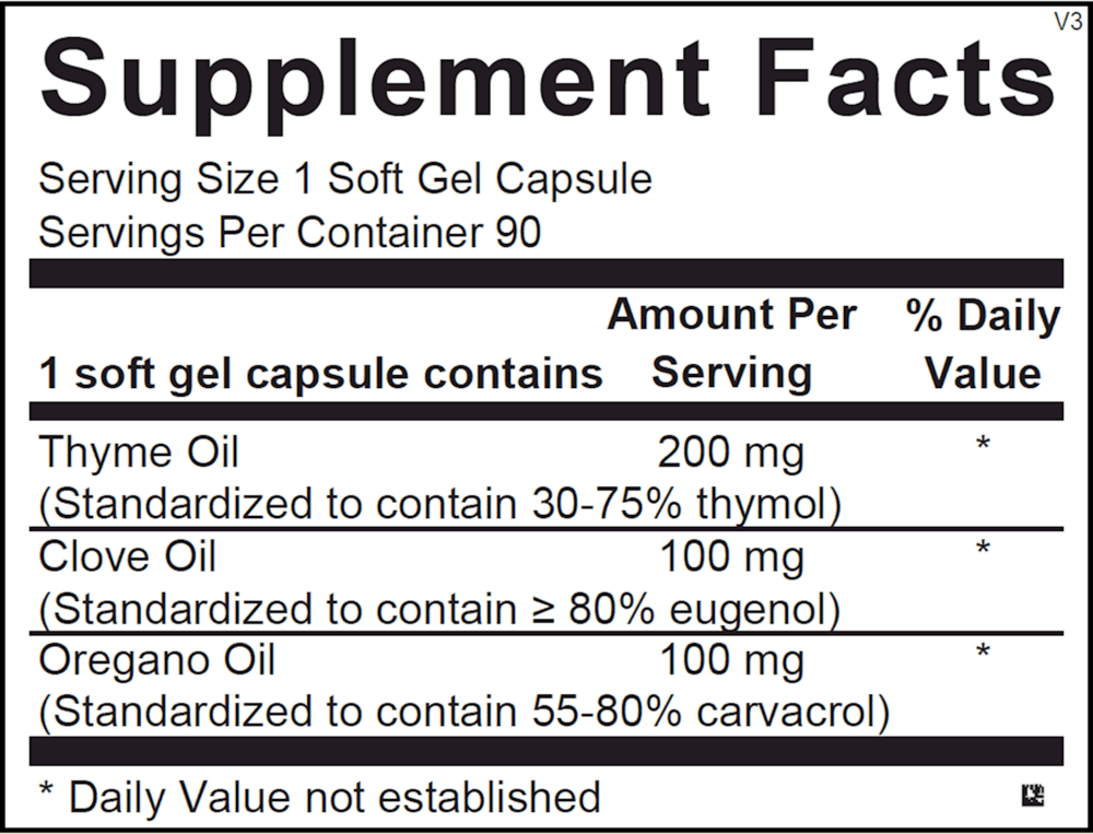 Supplement facts: Thyme, clove, oregano oils.