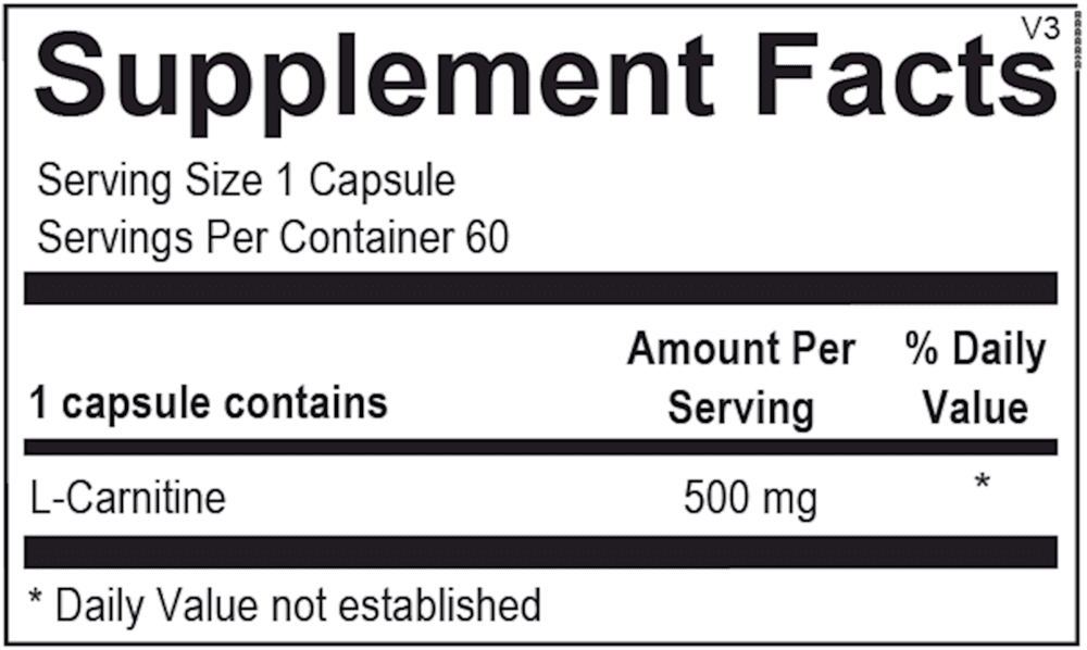 L-Carnitine supplement facts label.