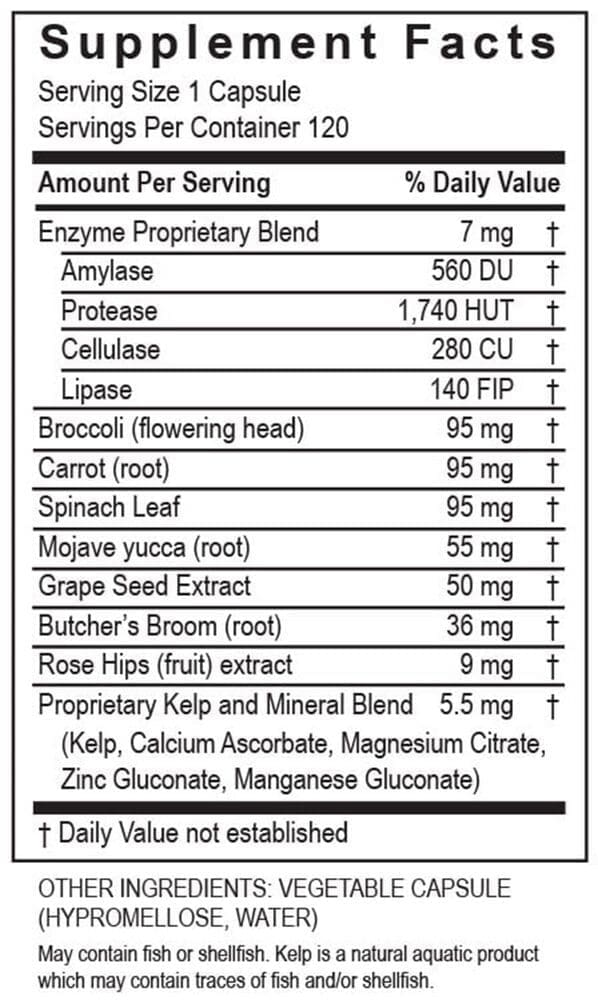 Supplement facts: enzyme blend, vegetables.