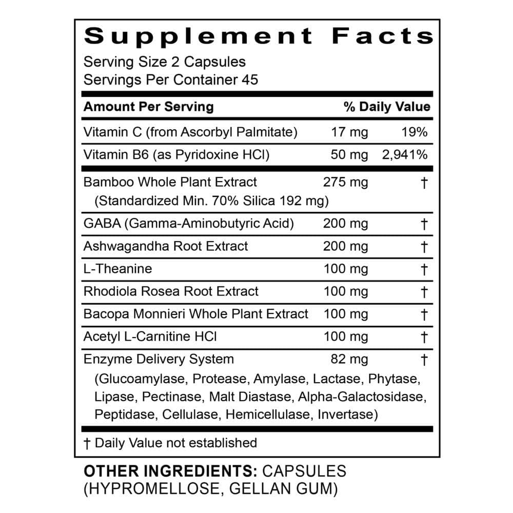 Supplement facts label; vitamins and herbs.