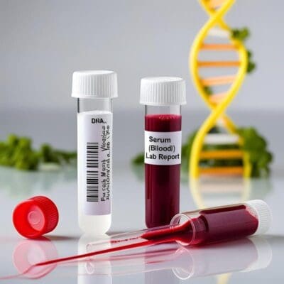 DNA and blood samples in lab vials.