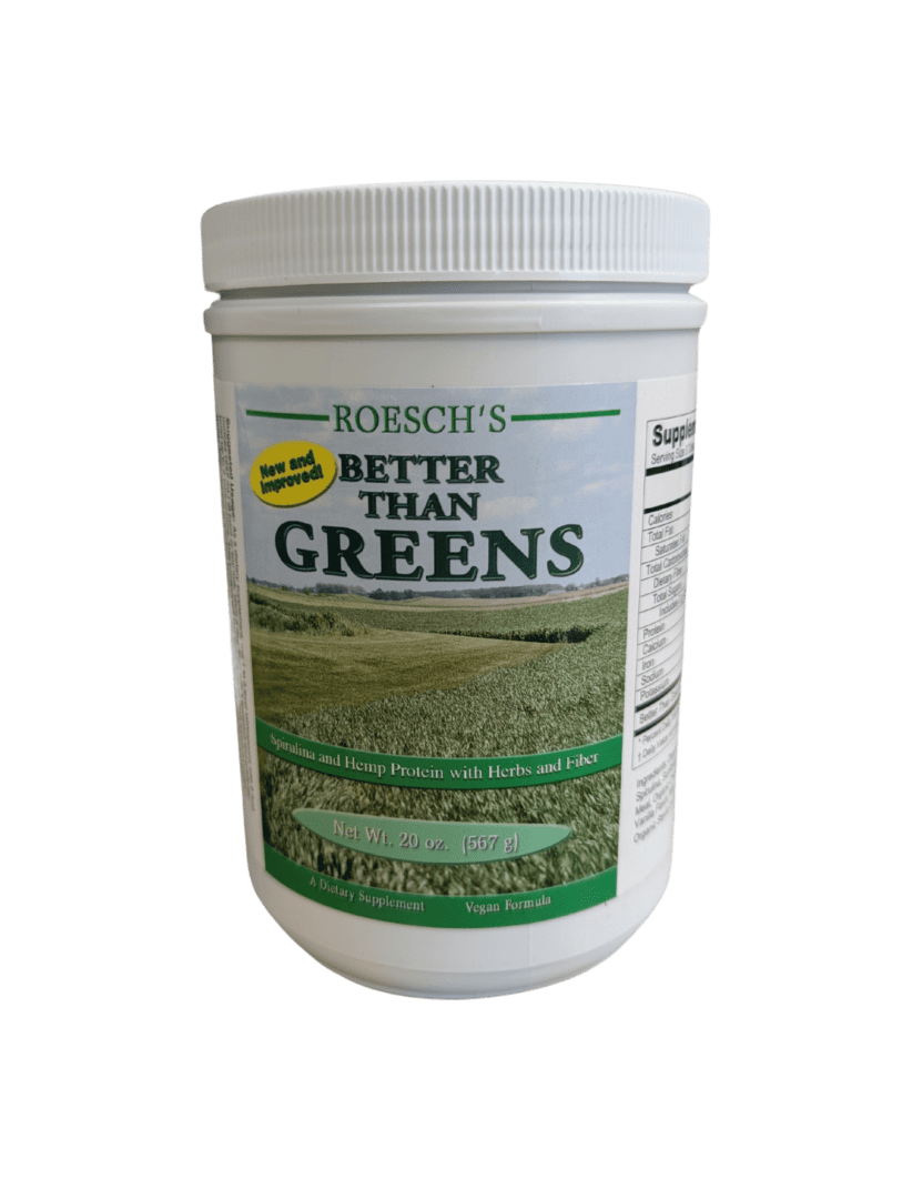 Roesch's Better Than Greens supplement jar.